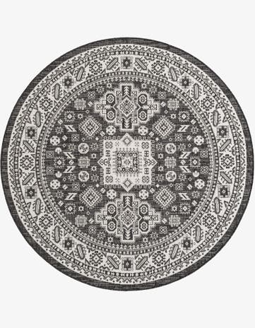 Charcoal Gray Easy-Clean Aztec Indoor / Outdoor Round Rug