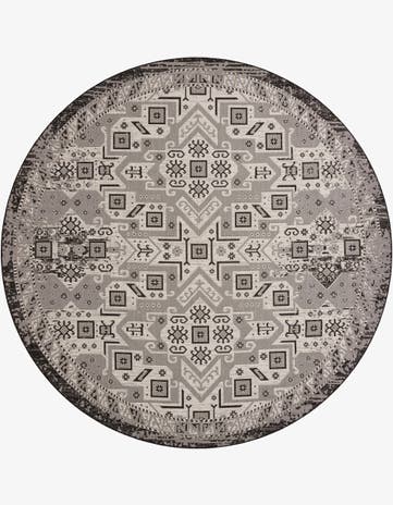 Charcoal Gray Easy-Clean Aztec Indoor / Outdoor Round Rug
