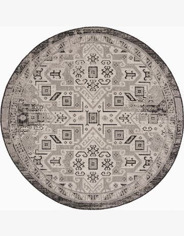 Charcoal Gray Easy-Clean Aztec Indoor / Outdoor Round Rug