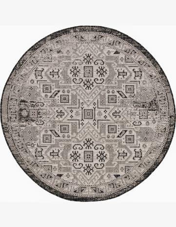 Charcoal Gray Easy-Clean Aztec Indoor / Outdoor Round Rug