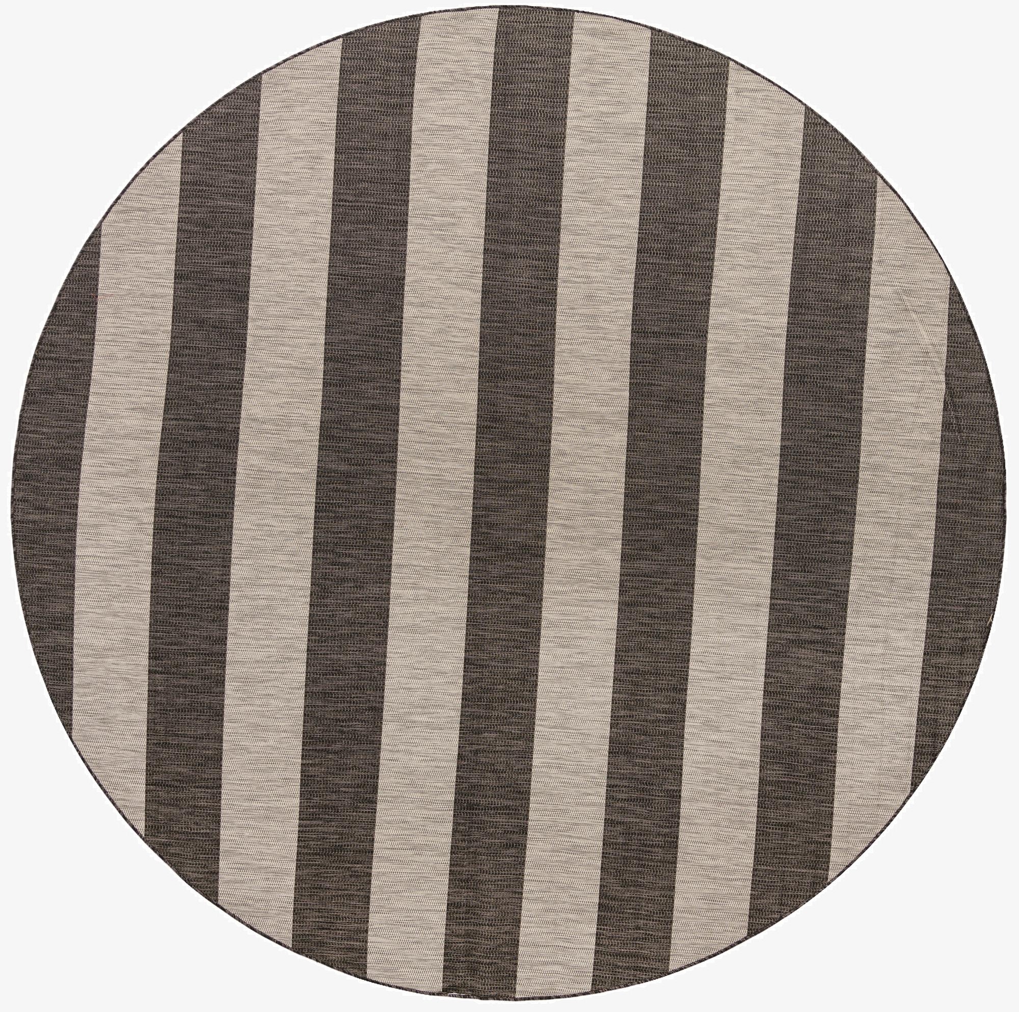 A 10' 8 round black and gray striped outdoor rug with a flatweave texture, suitable for a patio.