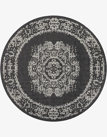 Charcoal Gray Easy-Clean Traditional Indoor / Outdoor Round Rug