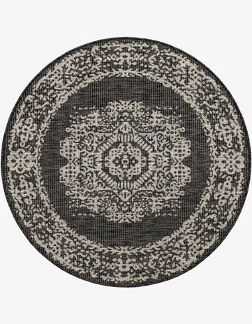 Charcoal Gray Easy-Clean Traditional Indoor / Outdoor Round Rug