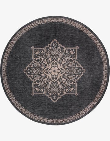 Charcoal Gray Easy-Clean Traditional Indoor / Outdoor Round Rug