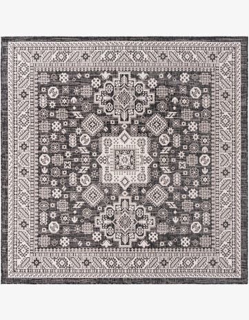 Charcoal Gray Easy-Clean Aztec Indoor / Outdoor Square Rug