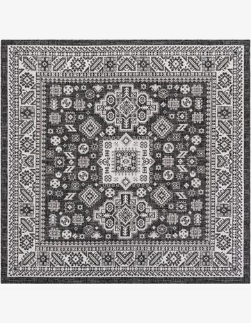 Charcoal Gray Easy-Clean Aztec Indoor / Outdoor Square Rug