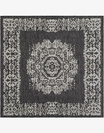 Charcoal Gray Easy-Clean Traditional Indoor / Outdoor Square Rug