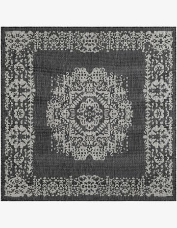 Charcoal Gray Easy-Clean Traditional Indoor / Outdoor Square Rug