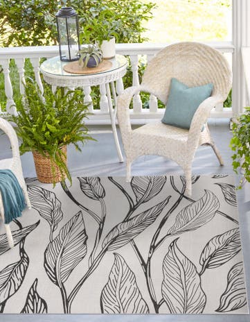 Charcoal Ivory Easy-Clean Botanical Indoor / Outdoor Square Rug