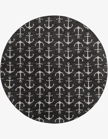 Charcoal Easy-Clean Coastal Indoor / Outdoor Round Rug