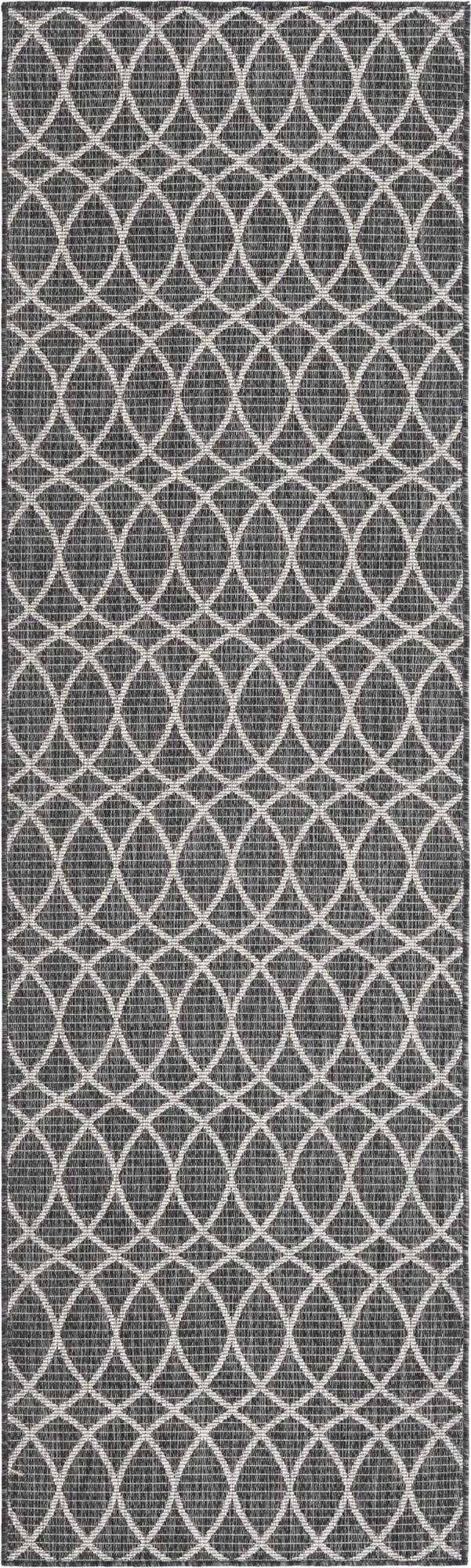 A 10 ft runner rug featuring a modern trellis pattern in black and light gray, suitable for hallways or patios.