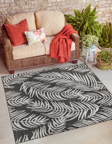 Charcoal Easy-Clean Botanical Indoor / Outdoor Square Rug
