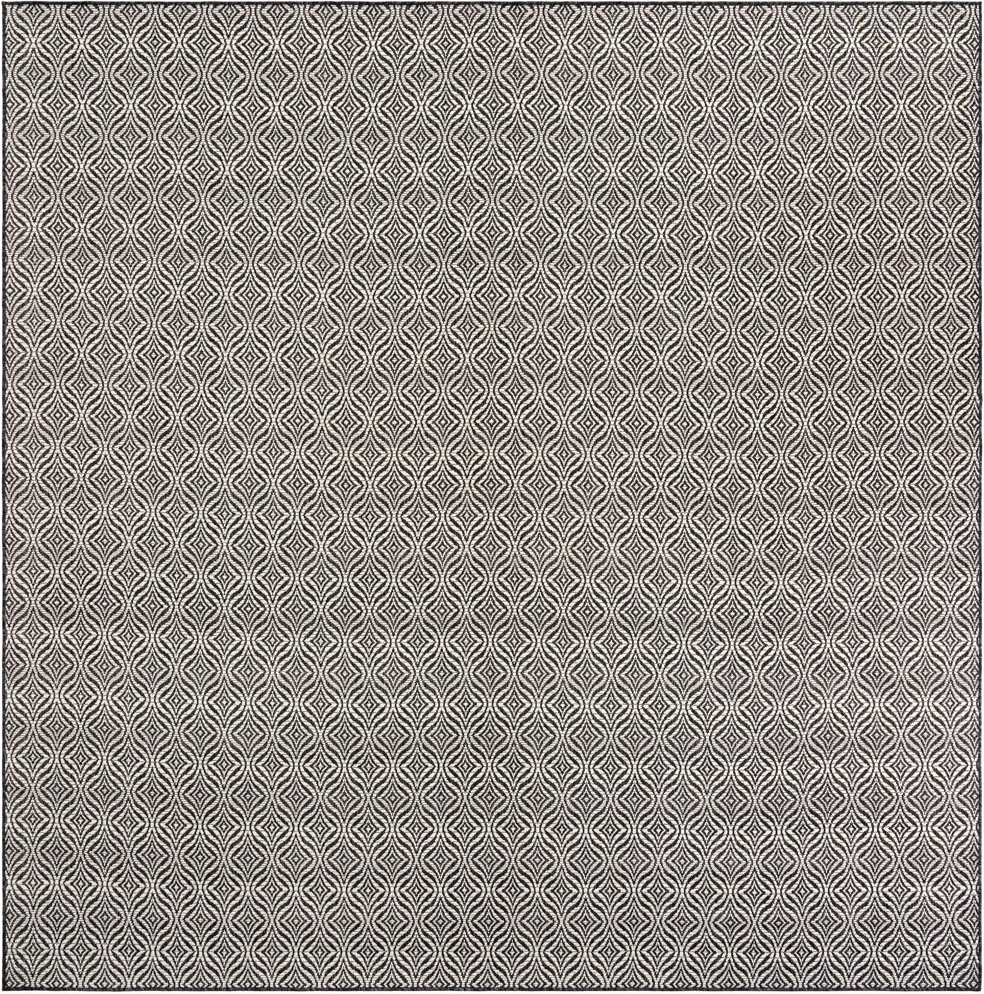 A 10'x10' square black and gray modern trellis indoor/outdoor rug with a flatweave texture.