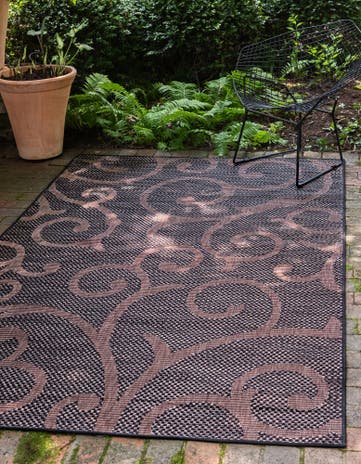 Chocolate Brown Easy-Clean Botanical Indoor / Outdoor Rug