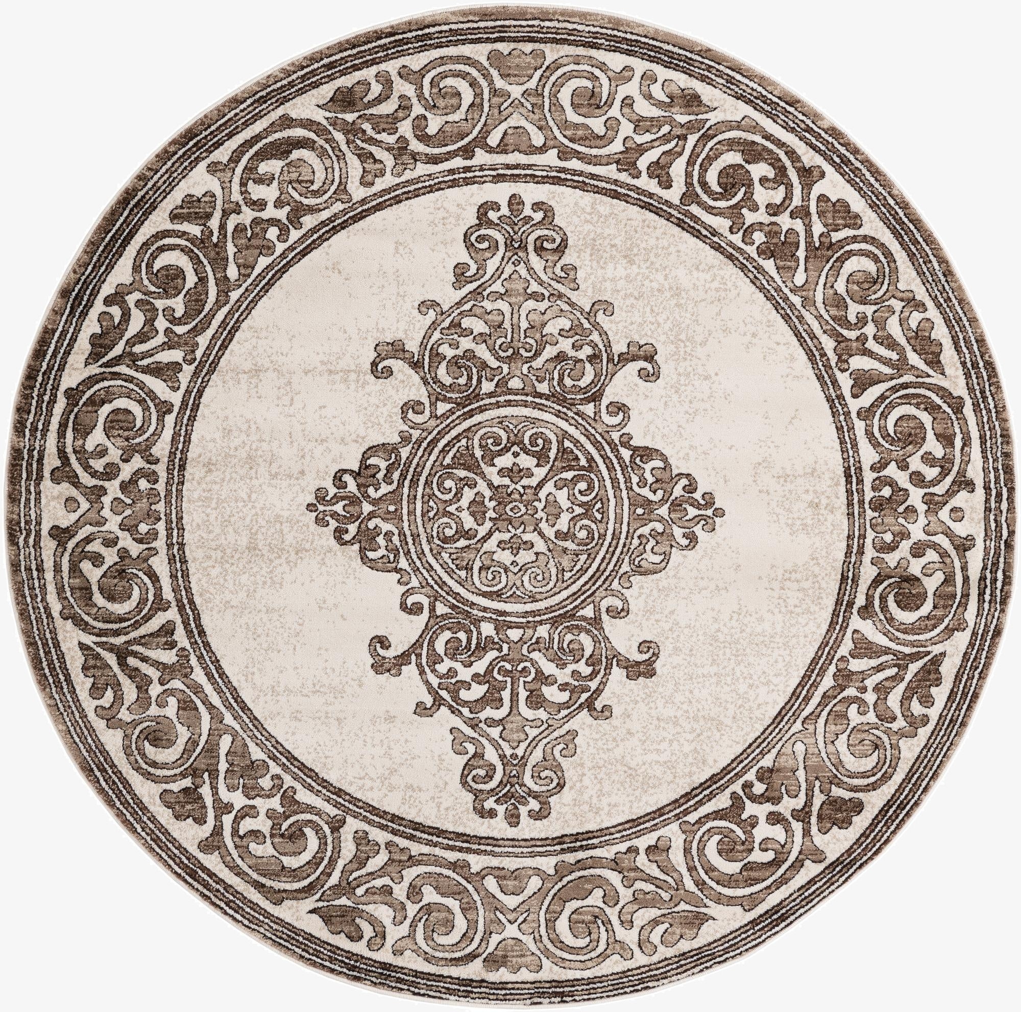 A round 6' 0 x 6' 0 brown and tan traditional medallion rug with an ornate border.