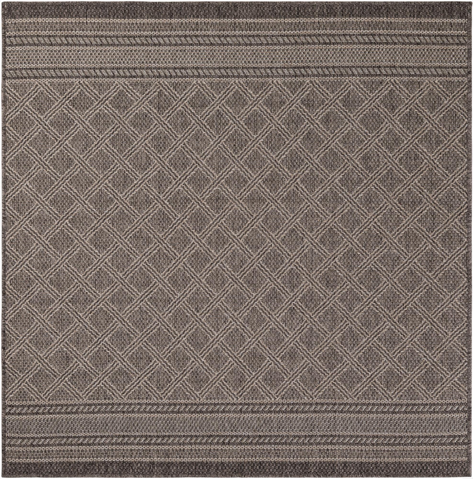 A 5' 1 x 5' 1 square brown and tan indoor/outdoor rug with a modern lattice pattern and striped border.