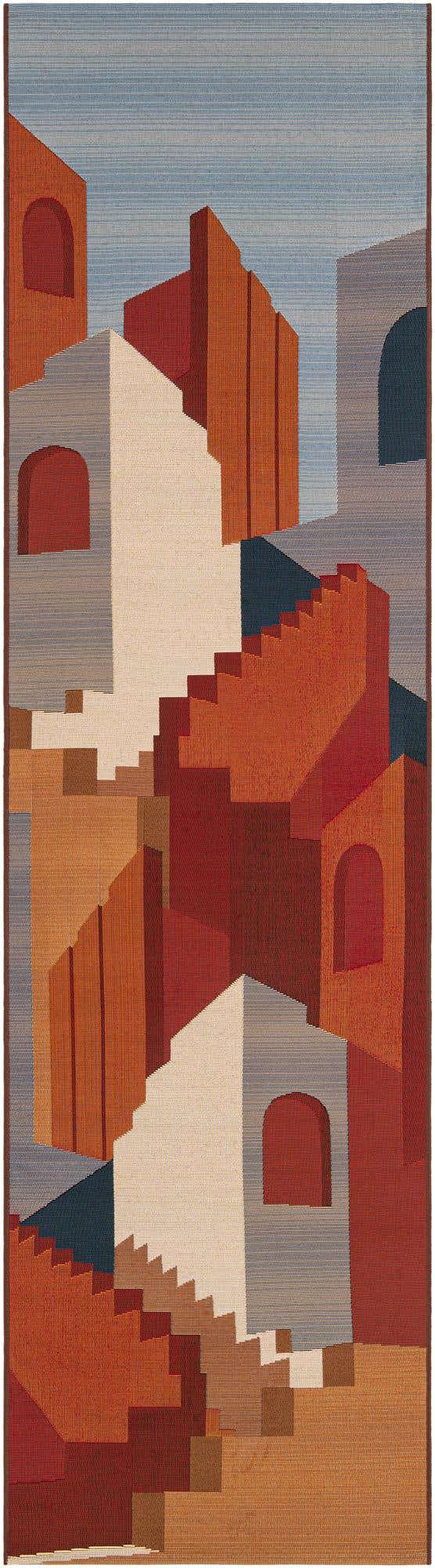 2' 7 x 10' Clare · Geometric architectural Outdoor Rug, terracotta and blue