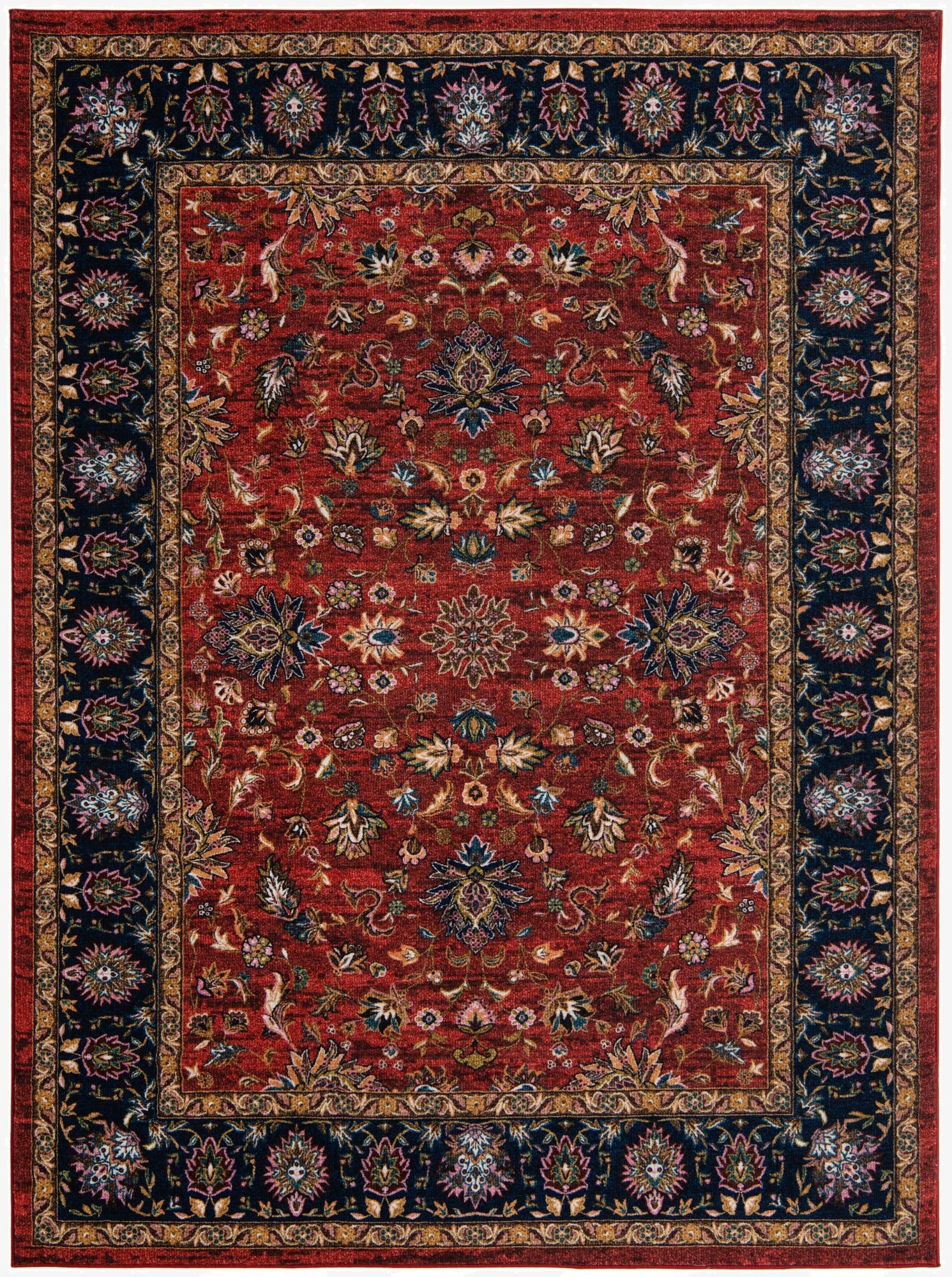 A rectangular 8x10 Medina rug by Rugs.com, featuring a rich red field with intricate floral and medallion patterns, framed by a dark navy border with complementary motifs.