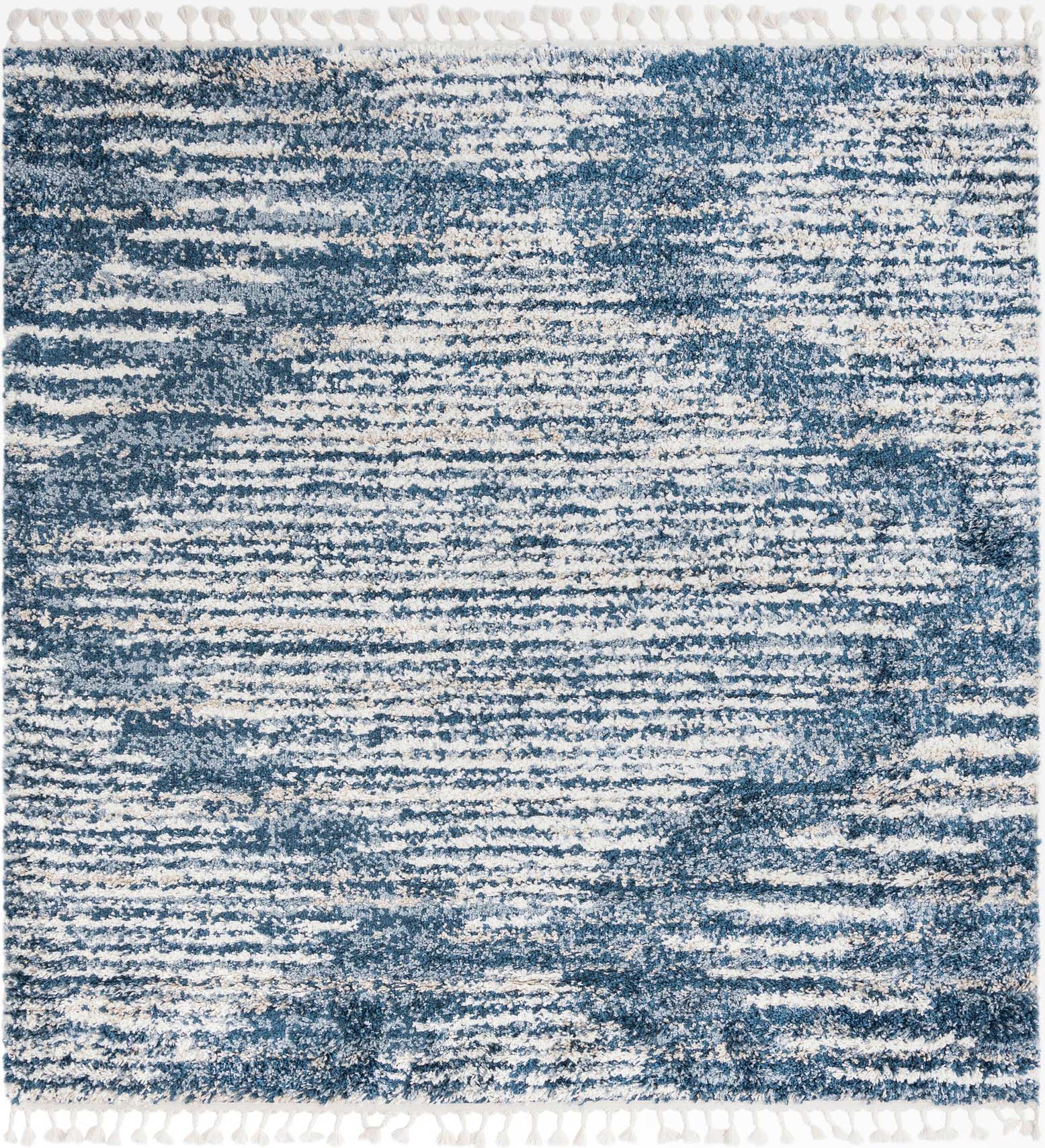 7' 10 x 7' 10 Cobble · Abstract striped Shag Rug, blue and ivory
