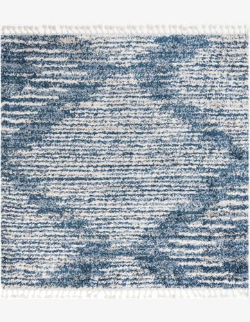 7' 10 x 7' 10 Cobble · Abstract striped Shag Rug, blue and ivory