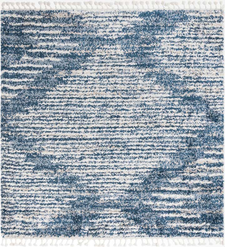 7' 10 x 7' 10 Cobble · Abstract striped Shag Rug, blue and ivory