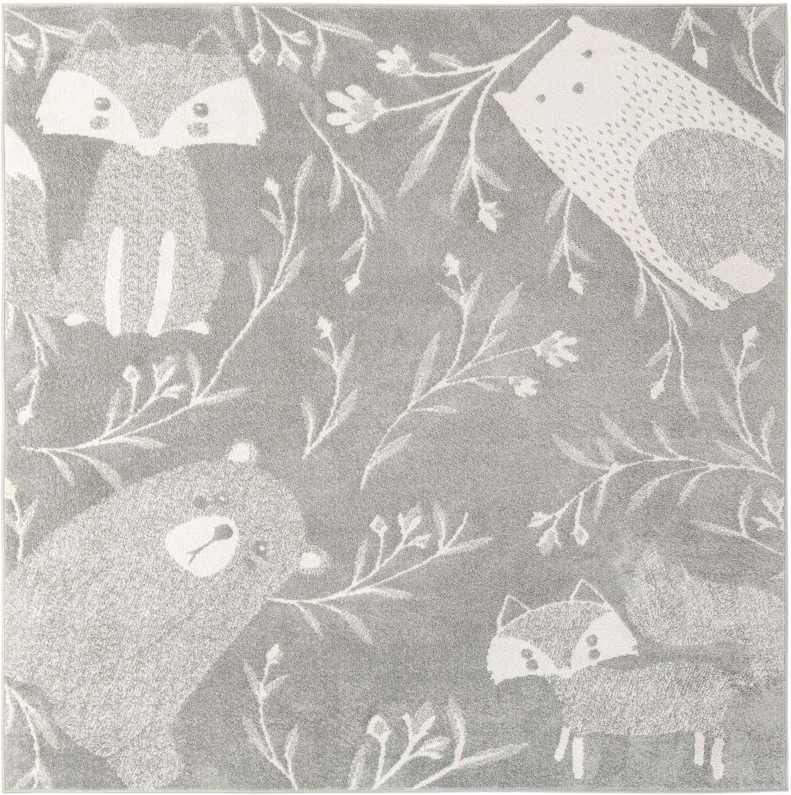 7' 10 x 7' 10 Colgan · Woodland animal rug, gray and ivory