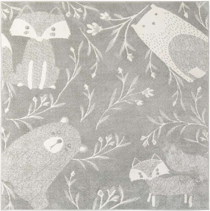 7' 10 x 7' 10 Colgan · Woodland animal rug, gray and ivory