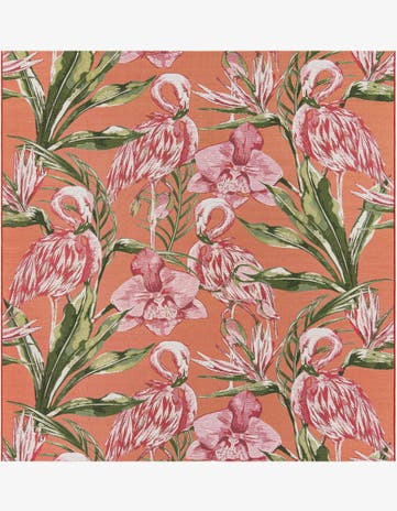 Coral Easy-Clean Botanical Indoor / Outdoor Square Rug