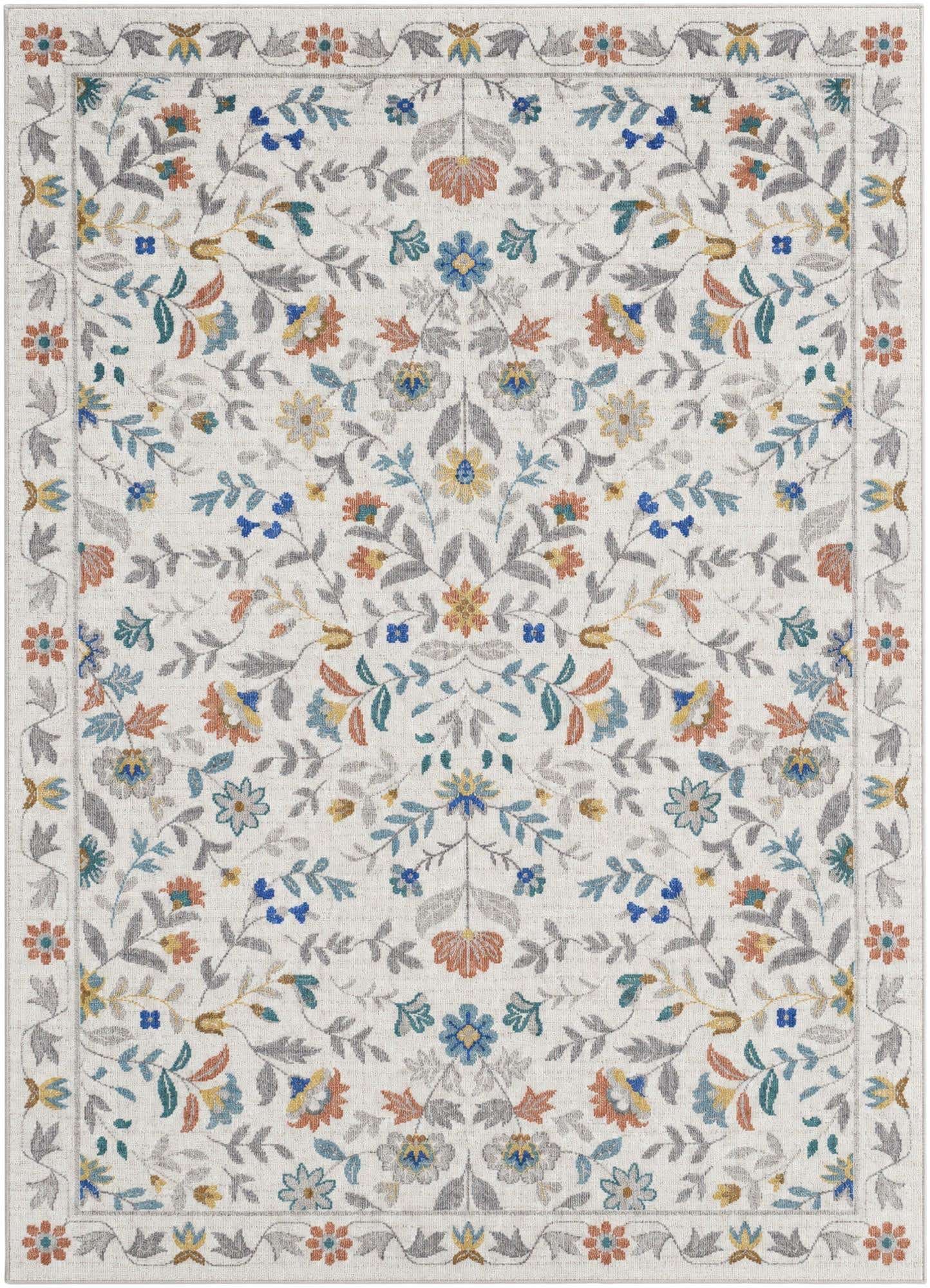 5' x 7' Coriander · Floral rug, ivory, terracotta and blue
