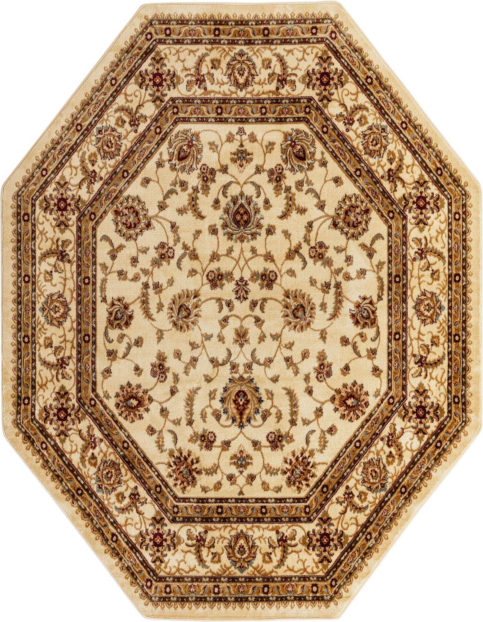 An ivory 7' 10 x 7' 10 octagon rug with a traditional floral and oriental pattern in creams, browns, and reds.