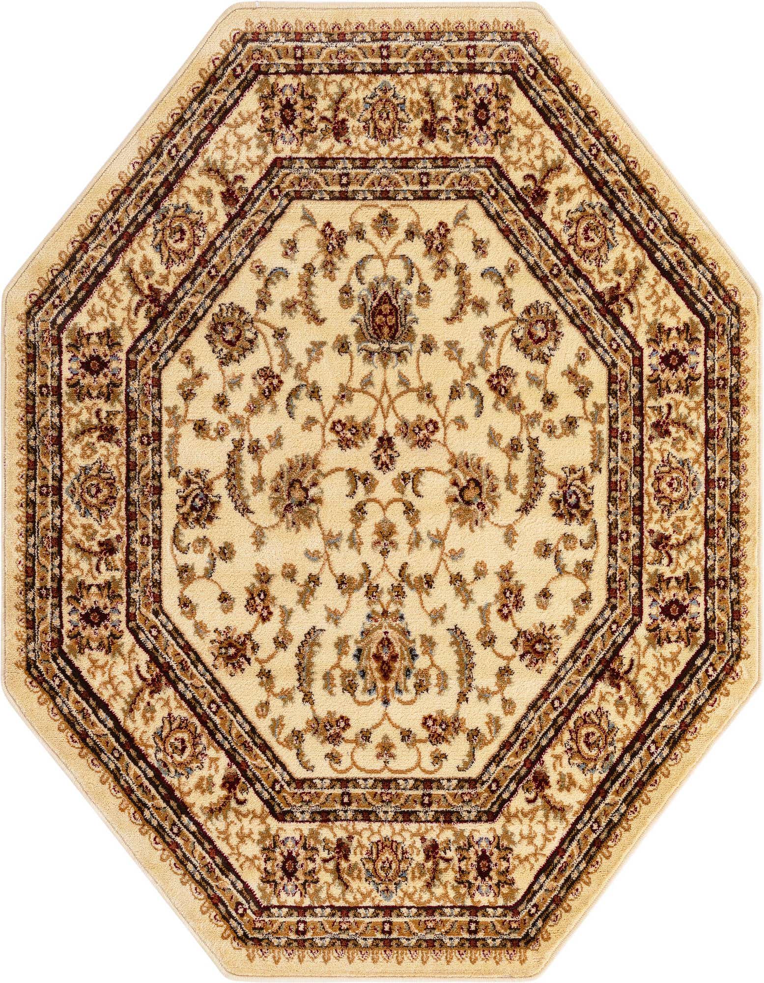 An octagon-shaped ivory traditional rug with an ornate floral and vine pattern in shades of cream, brown, and burgundy.