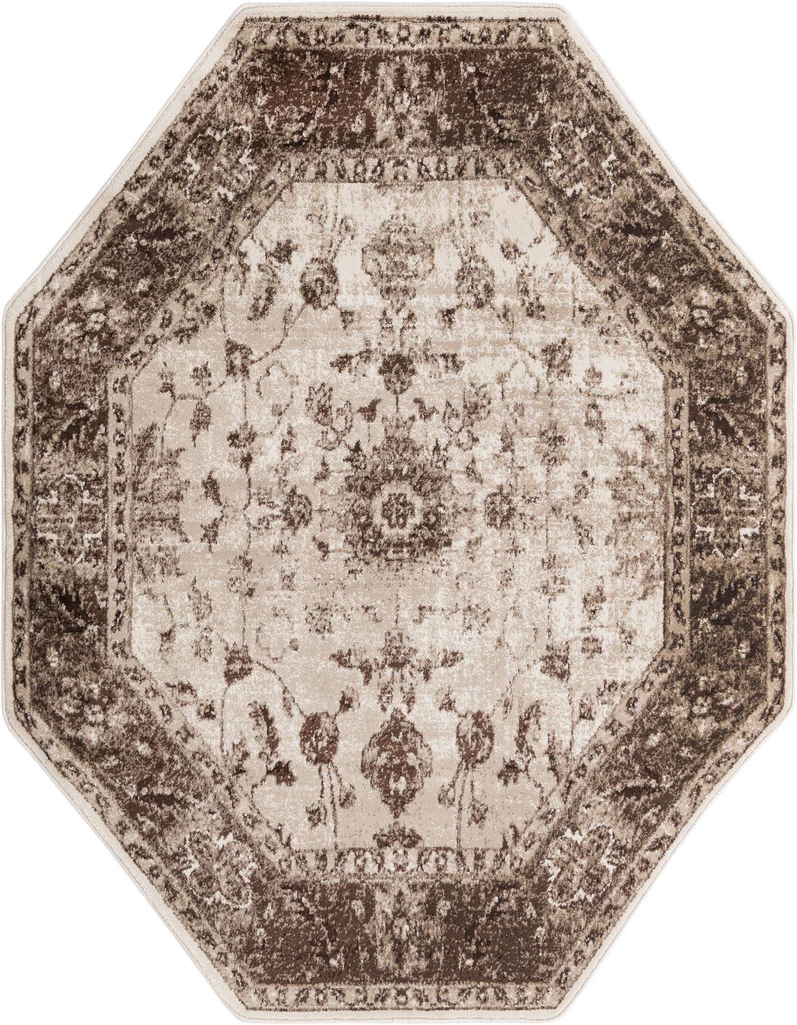 An octagonal ivory and brown traditional rug with an ornate floral medallion pattern and distressed finish.