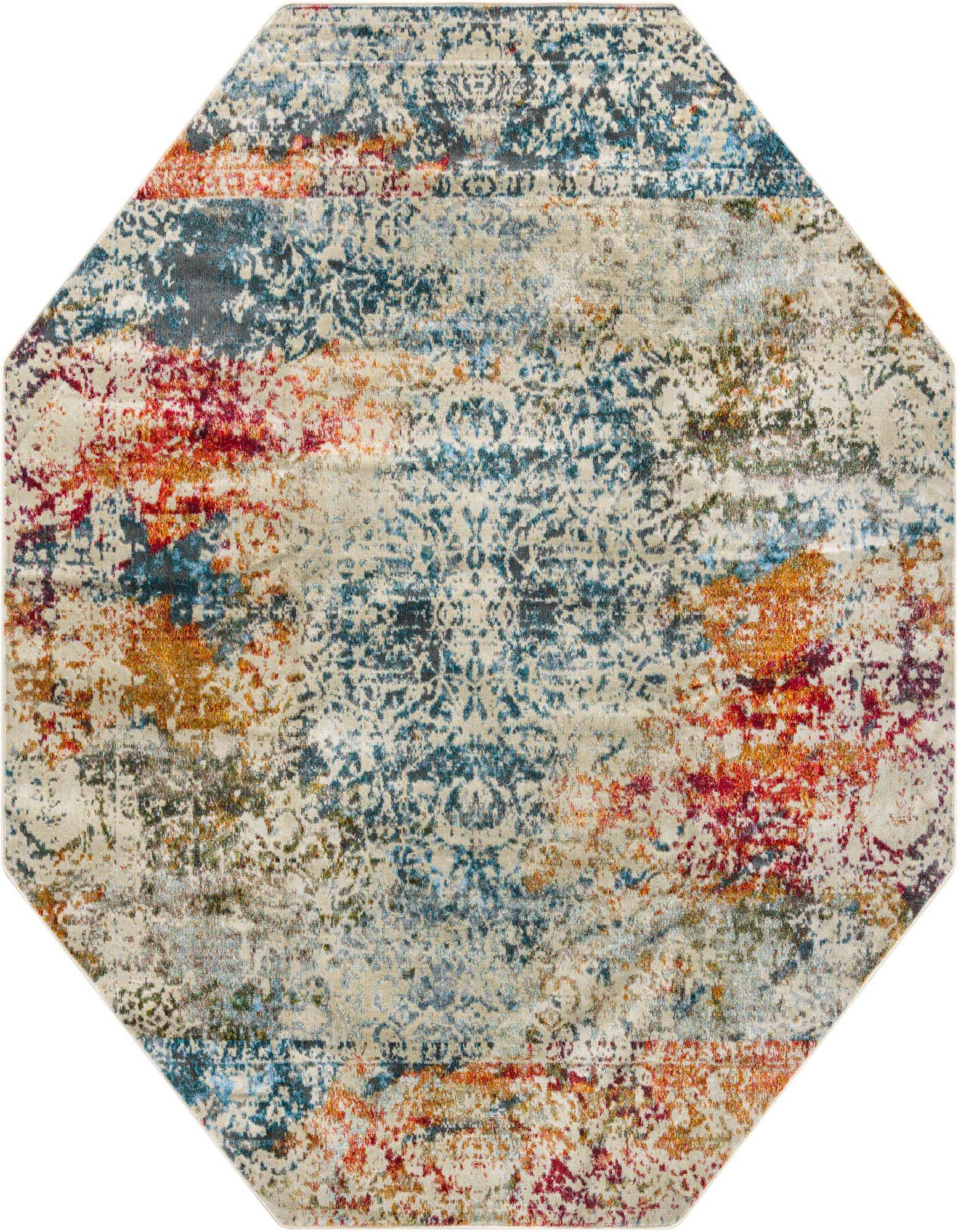 An 8' 0 x 8' 0 octagon rug with an eclectic, vintage-inspired pattern in ivories, creams, blues, reds, and oranges.