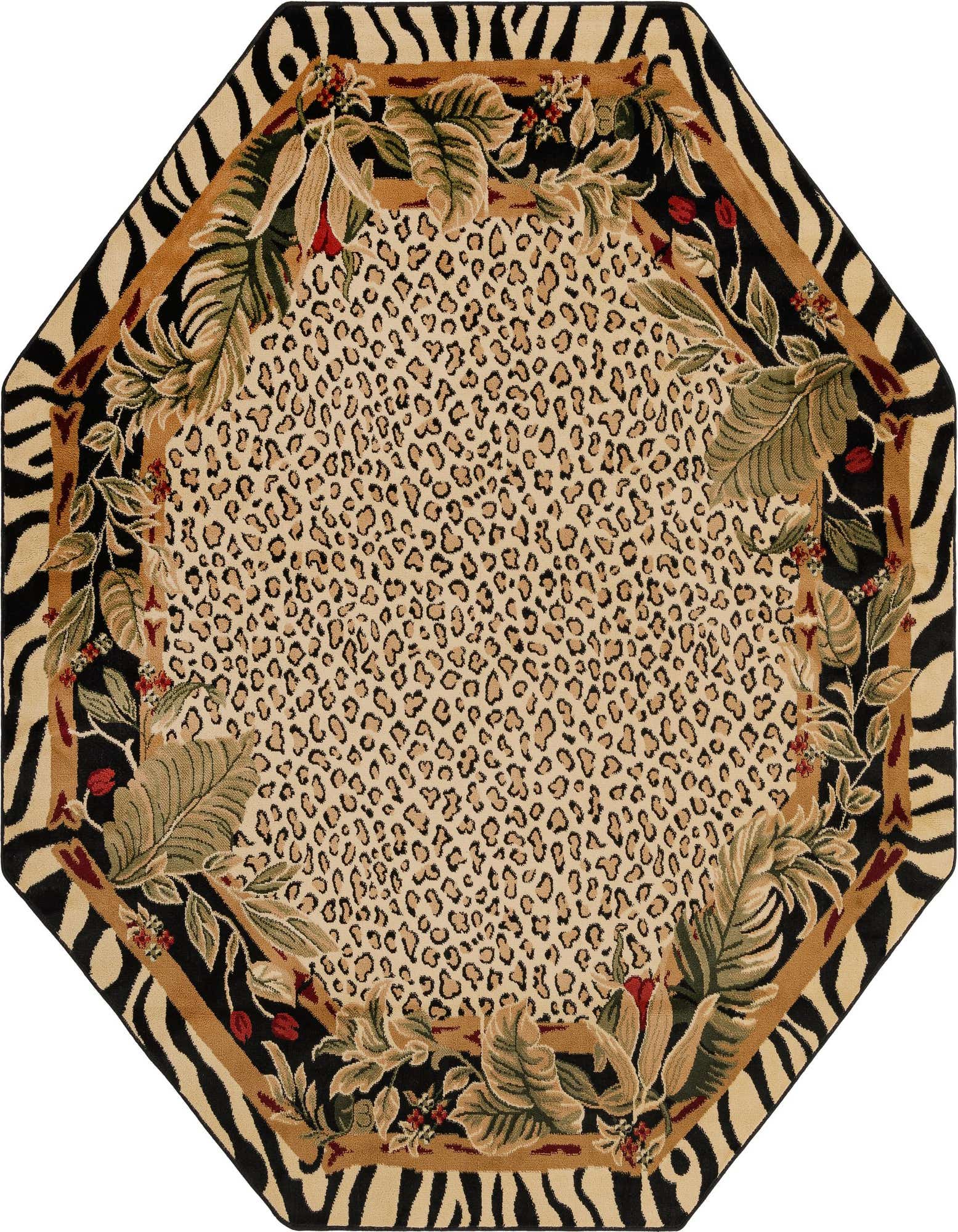 An octagon-shaped Rugs.com Savannah rug featuring a central leopard print, bordered by lush green and red botanical motifs, and an outer zebra stripe pattern.