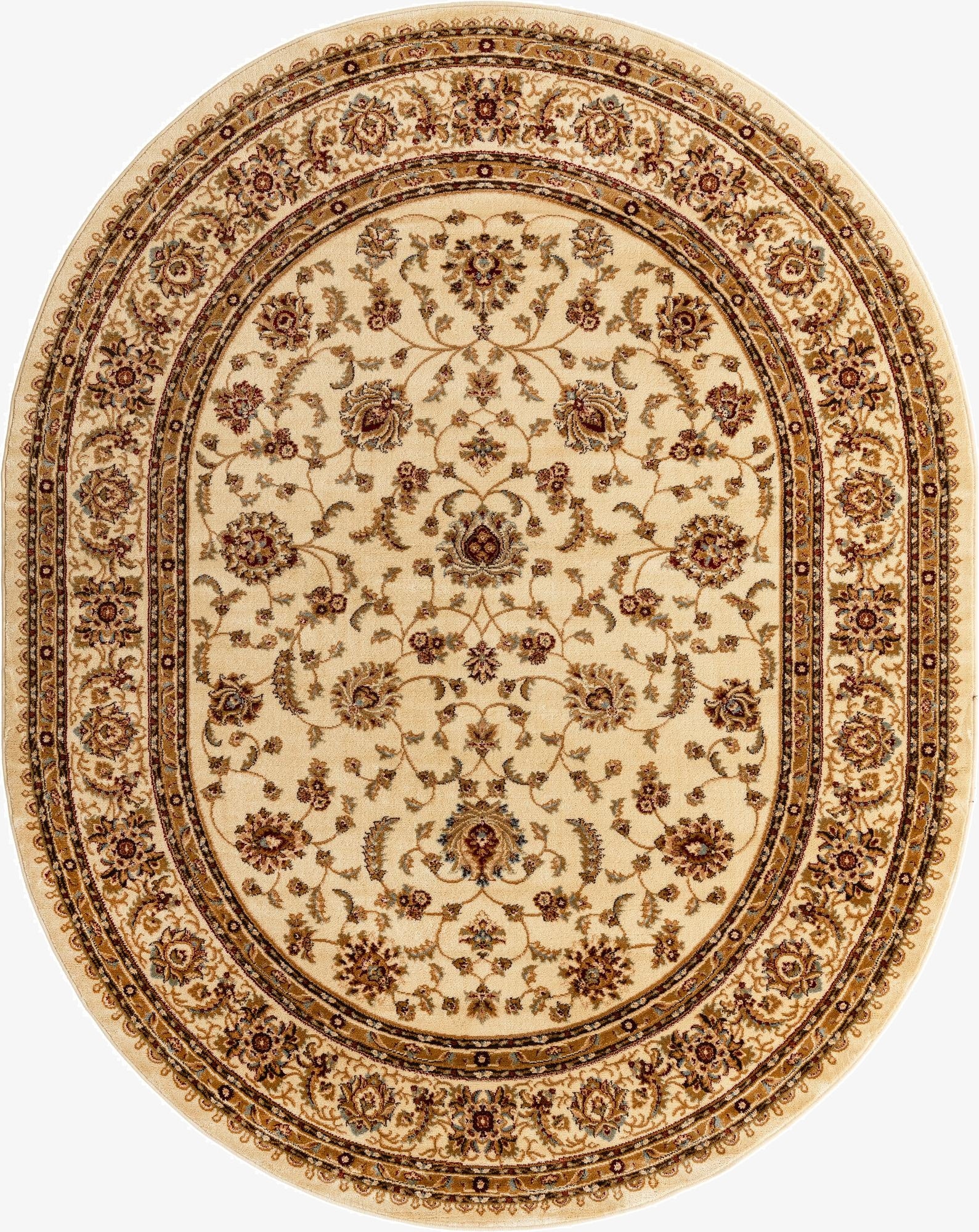 An oval ivory and cream traditional floral rug with intricate brown and red oriental patterns, suitable for an indoor living space.