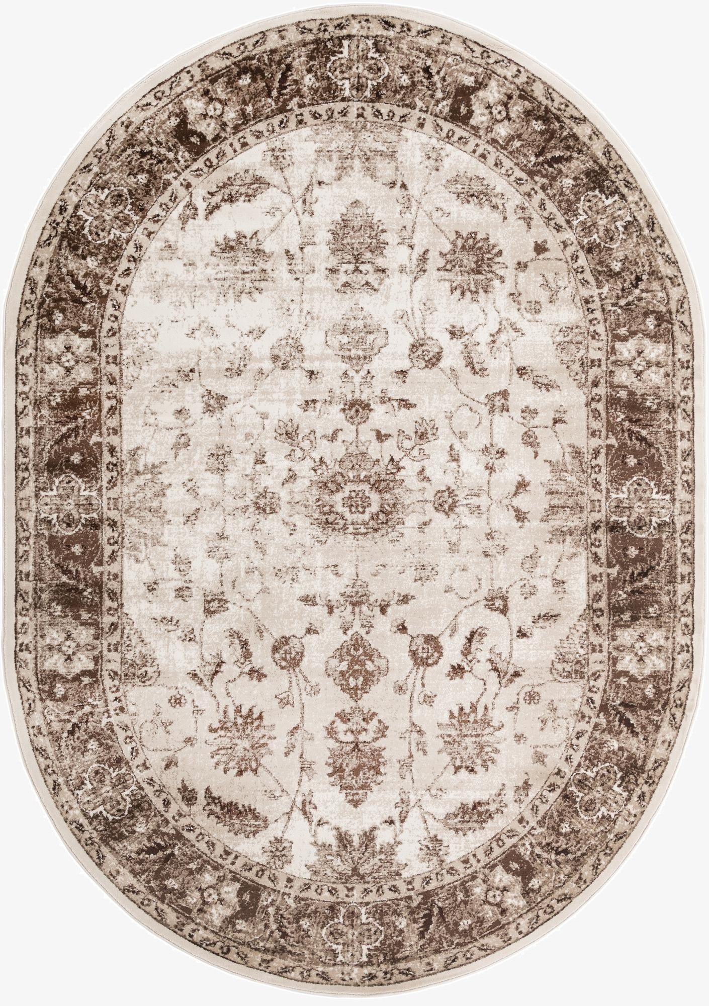 An oval 7' x 10' ivory and brown traditional rug with a distressed floral pattern and ornate border.