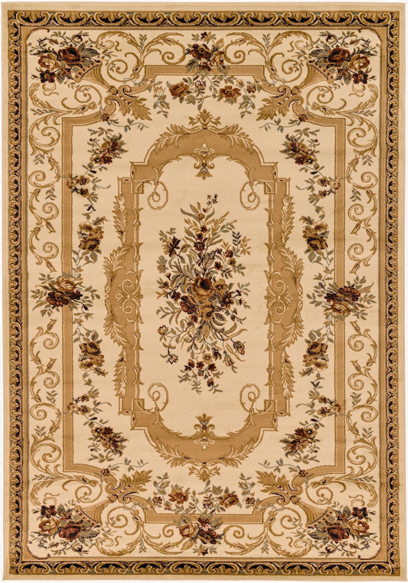 A 7x10 rectangular ivory traditional rug with a central floral medallion and botanical border in creams and browns.