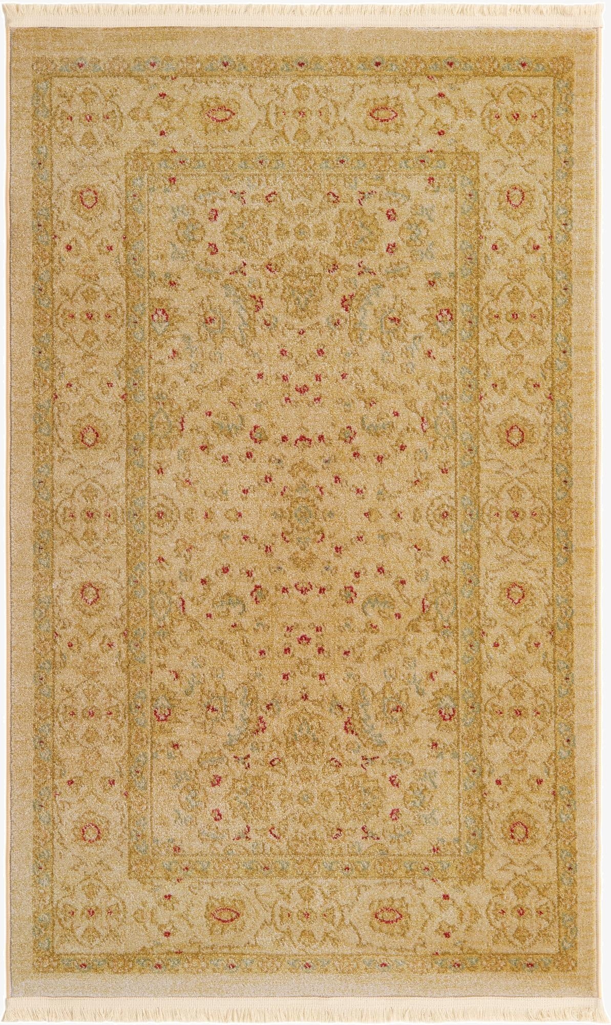 A 3x5 rectangular ivory and cream rug with a traditional botanical medallion pattern, featuring subtle red and blue accents.