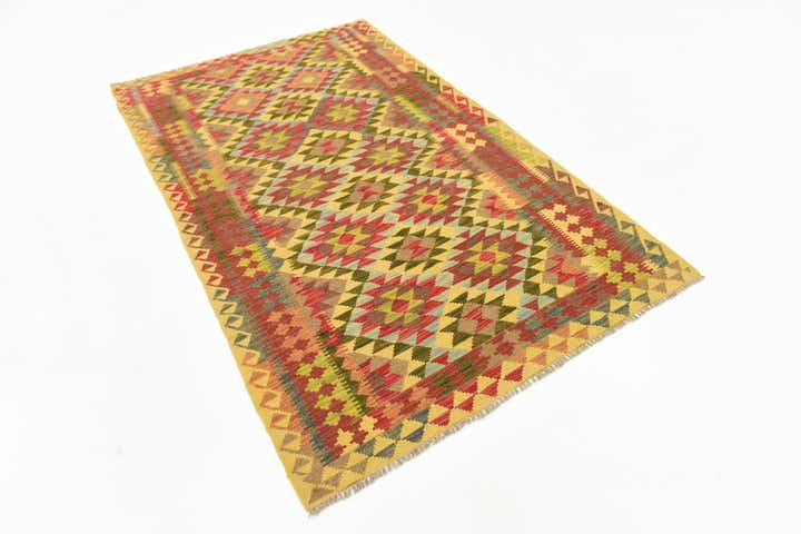 4' x 6' 9 Hand Woven Kilim Maymana Wool Rug