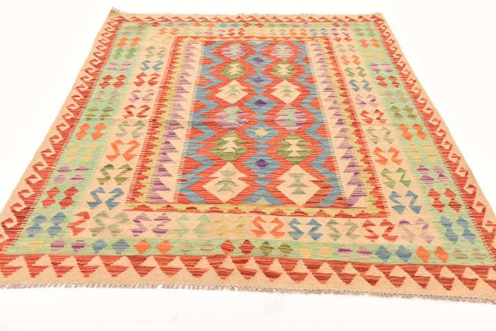 5' 2 x 6' 9 Hand Woven Kilim Maymana Wool Rug