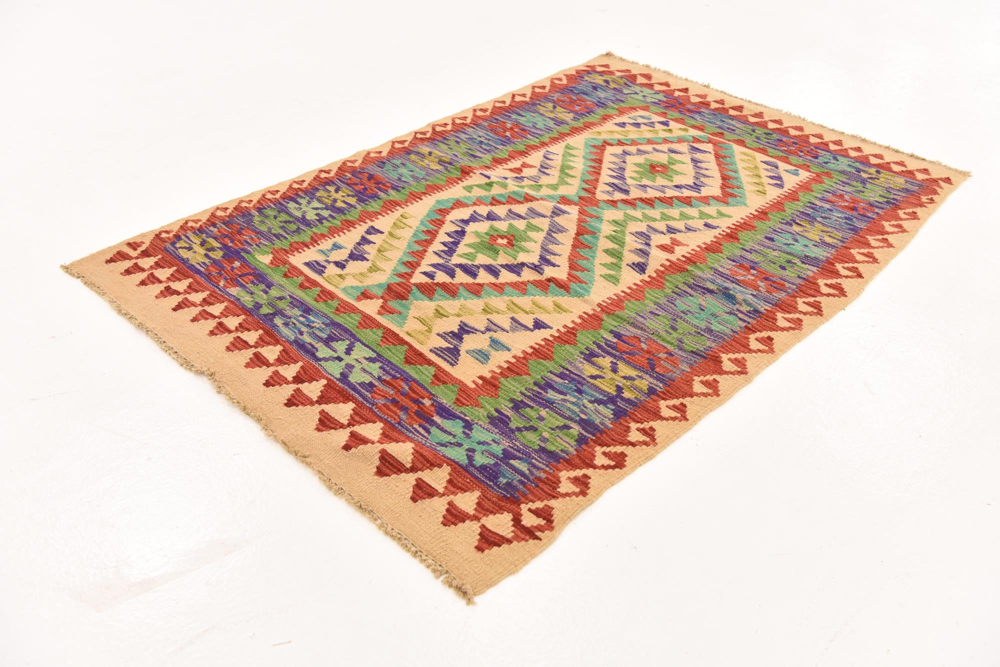 3' 4 x 4' 11 Hand Woven Kilim Maymana Wool Rug