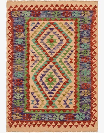 3' 4 x 4' 11 Hand Woven Kilim Maymana Wool Rug