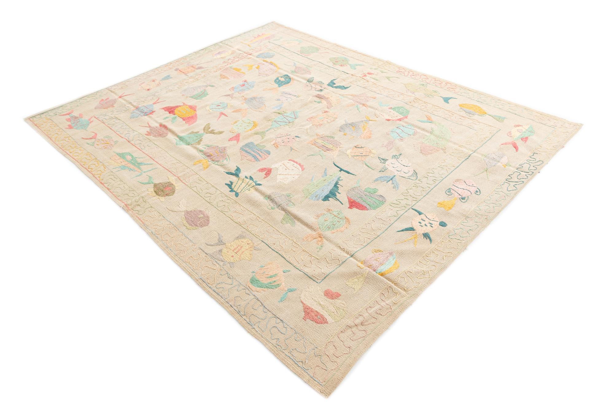 5' 9 x 7' 3 Hand Woven Kilim Suzani Wool Rug