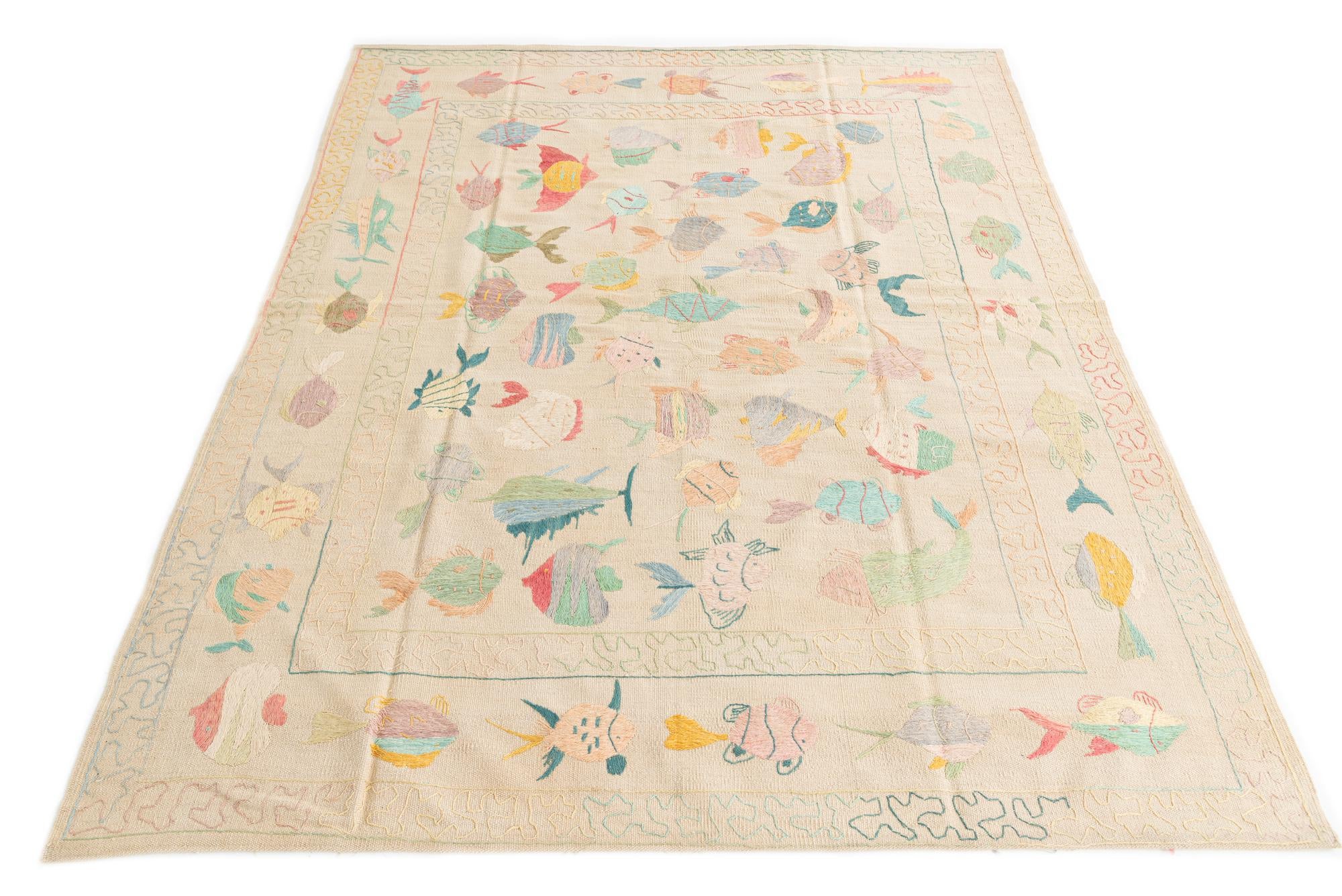 5' 9 x 7' 3 Hand Woven Kilim Suzani Wool Rug