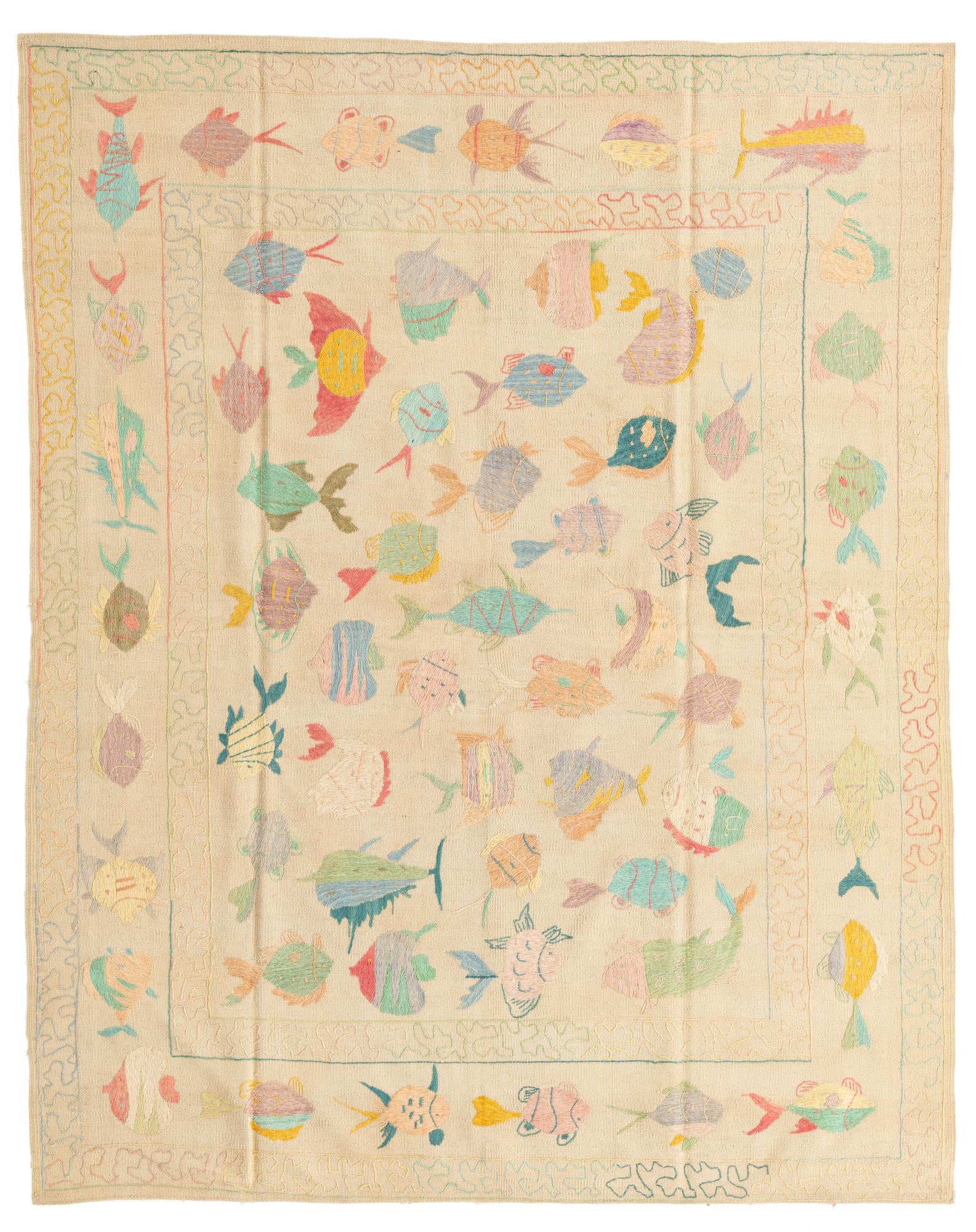 5' 9 x 7' 3 Hand Woven Kilim Suzani Wool Rug