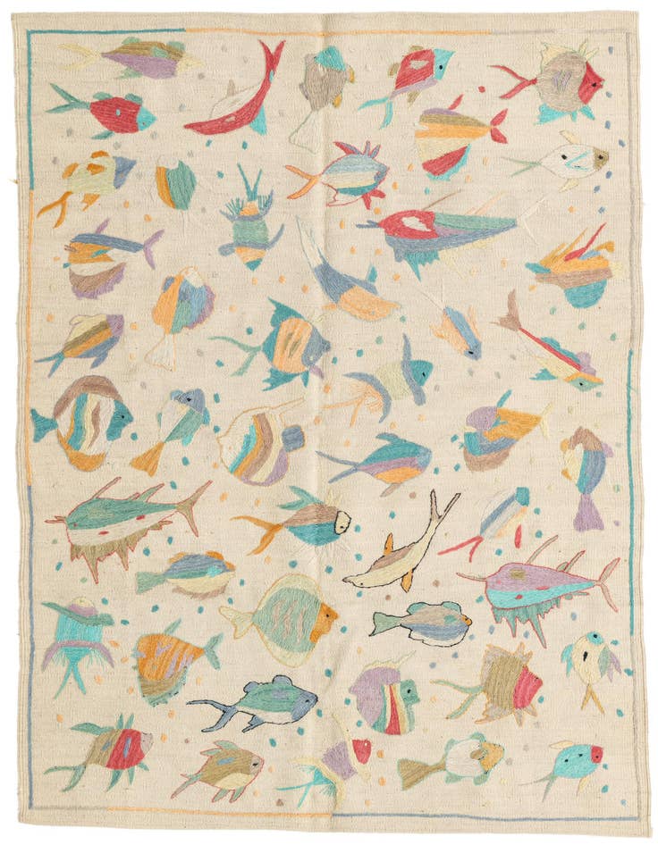 Detail image of 4' 2 x 6' Hand Woven Kilim Suzani Wool Rug