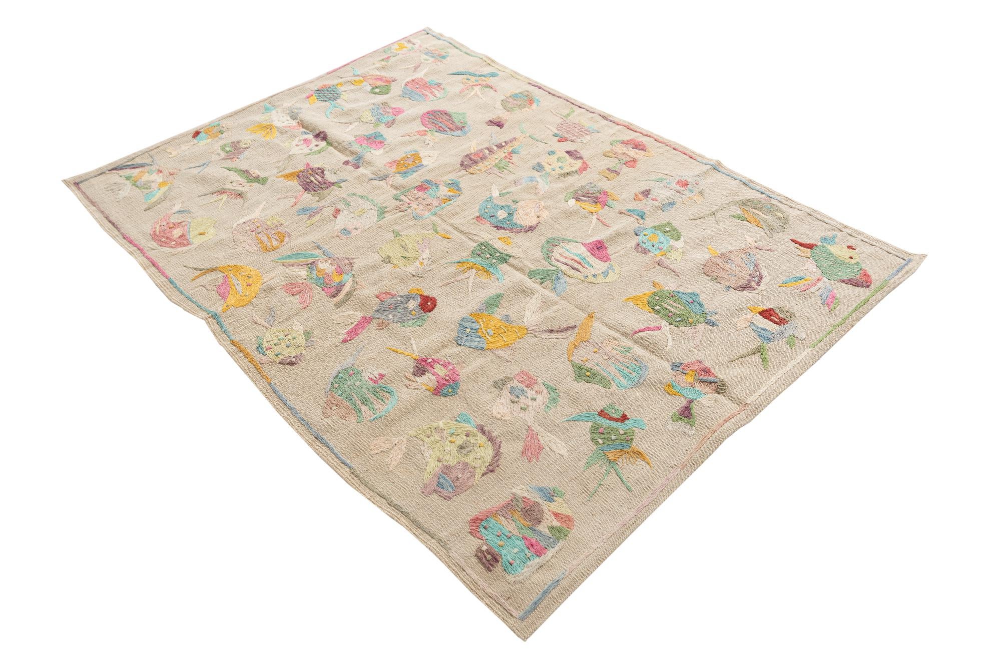 4' x 5' 8 Hand Woven Kilim Suzani Wool Rug