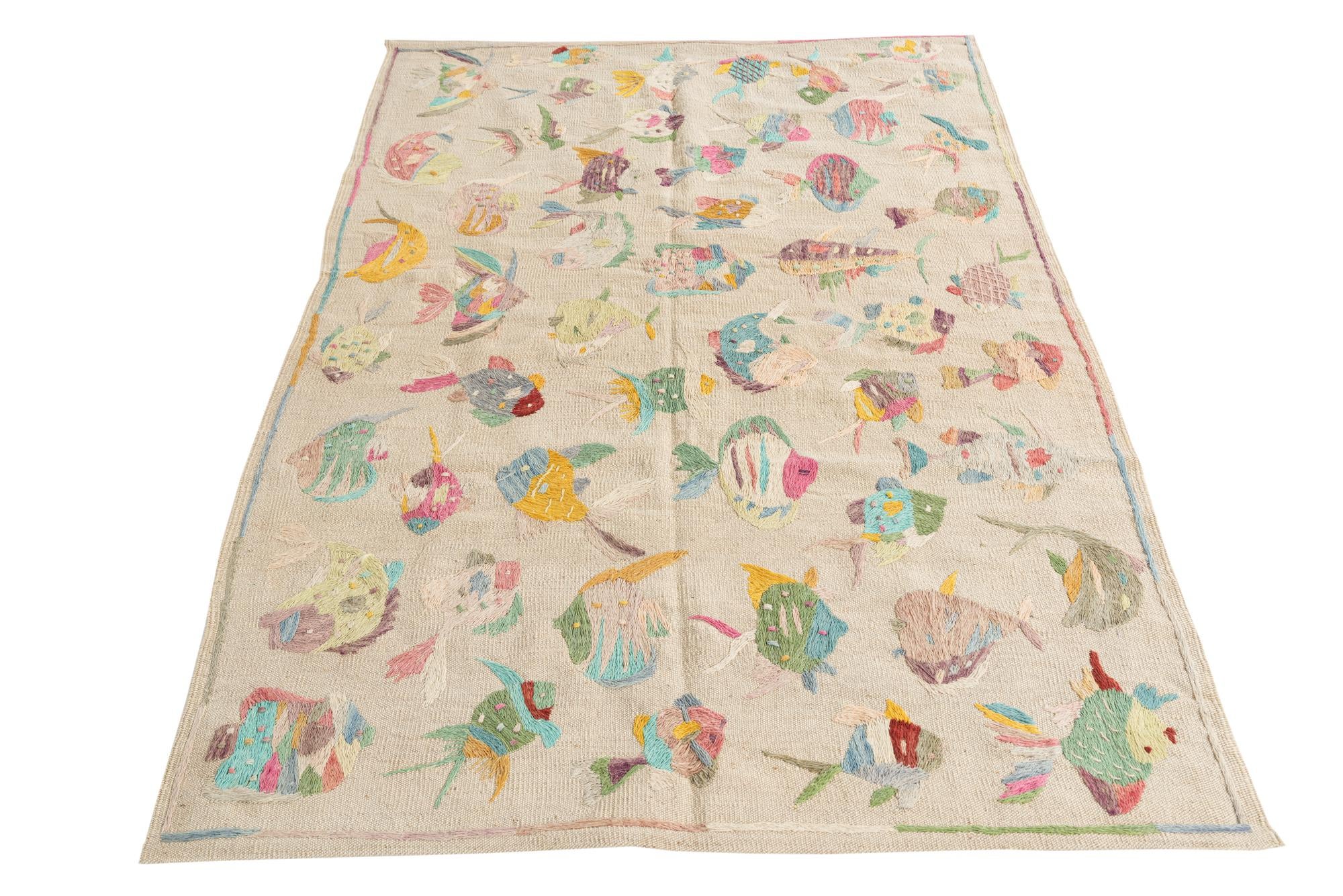 4' x 5' 8 Hand Woven Kilim Suzani Wool Rug