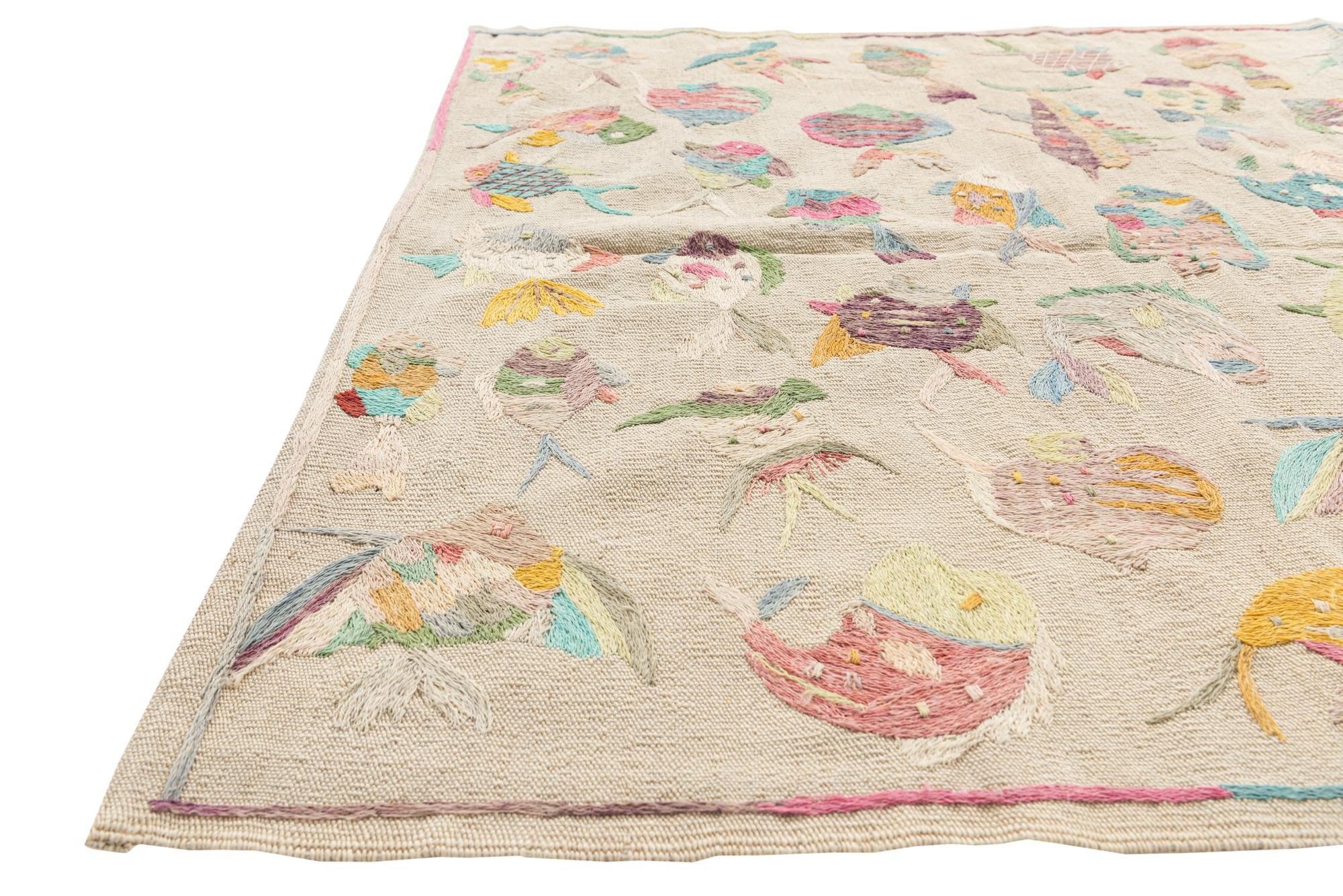 4' x 5' 8 Hand Woven Kilim Suzani Wool Rug