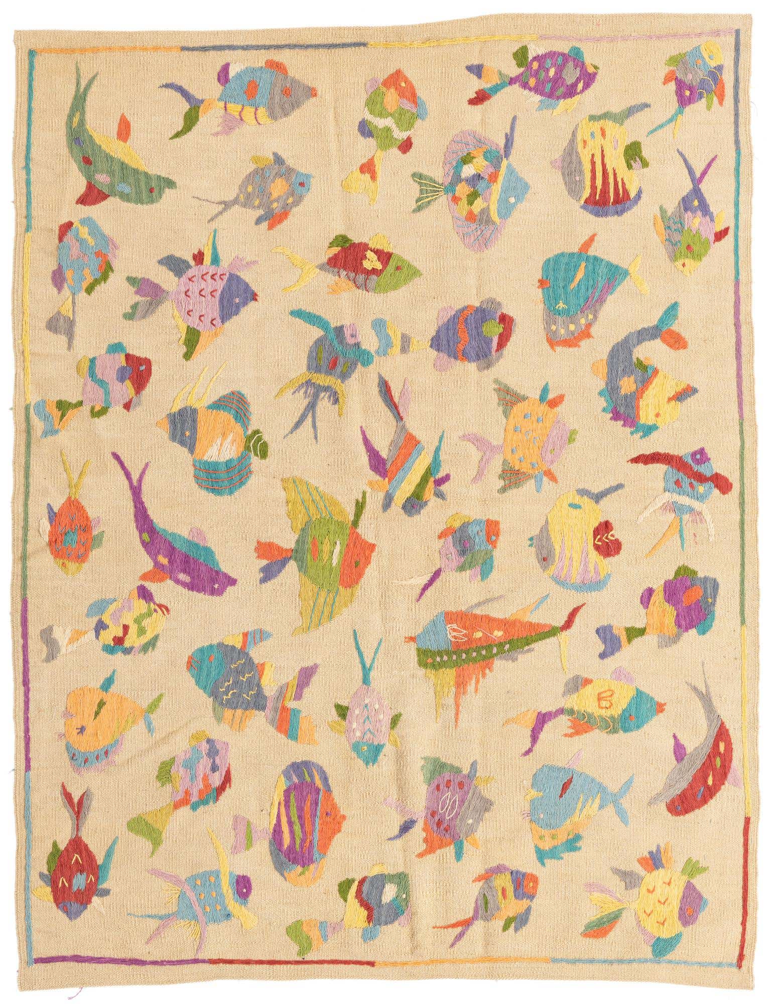 4' 4 x 5' 6 Hand Woven Kilim Suzani Wool Rug